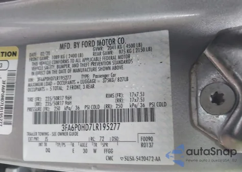 2020 Ford Fusion Se from USA, damaged, VIN 3FA6P0HD7LR195277
